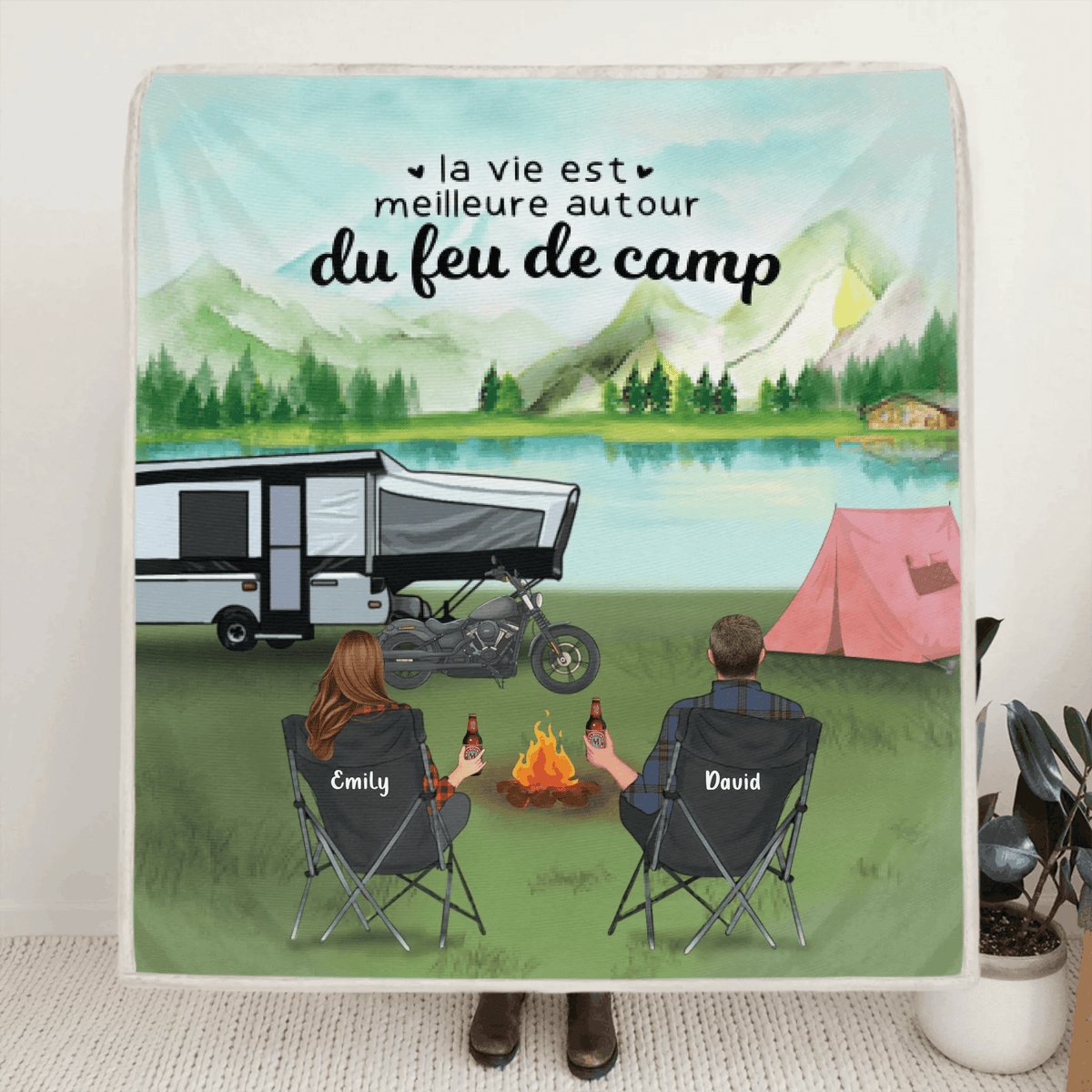 Personalized Camping Blanket - Couple/Family with Up to 4 Kids - 2 Pets - Gift For The Whole Family