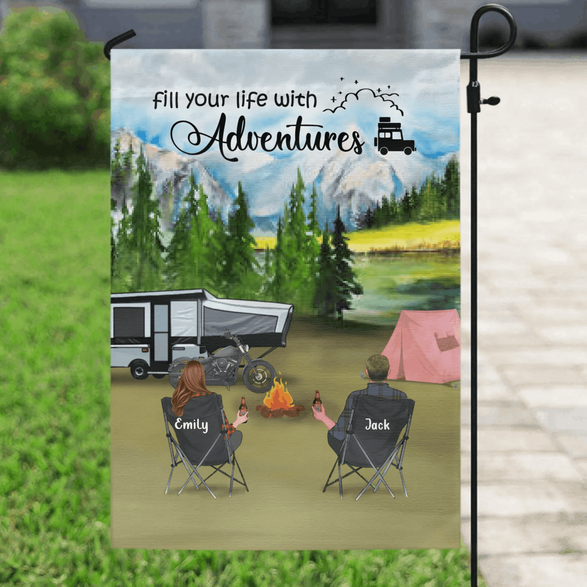 Personalized Camping Garden Flag - Couple with up to 5 Pets - Best Gift For Couple, Camping Lovers - Fill Your Life With Adventures