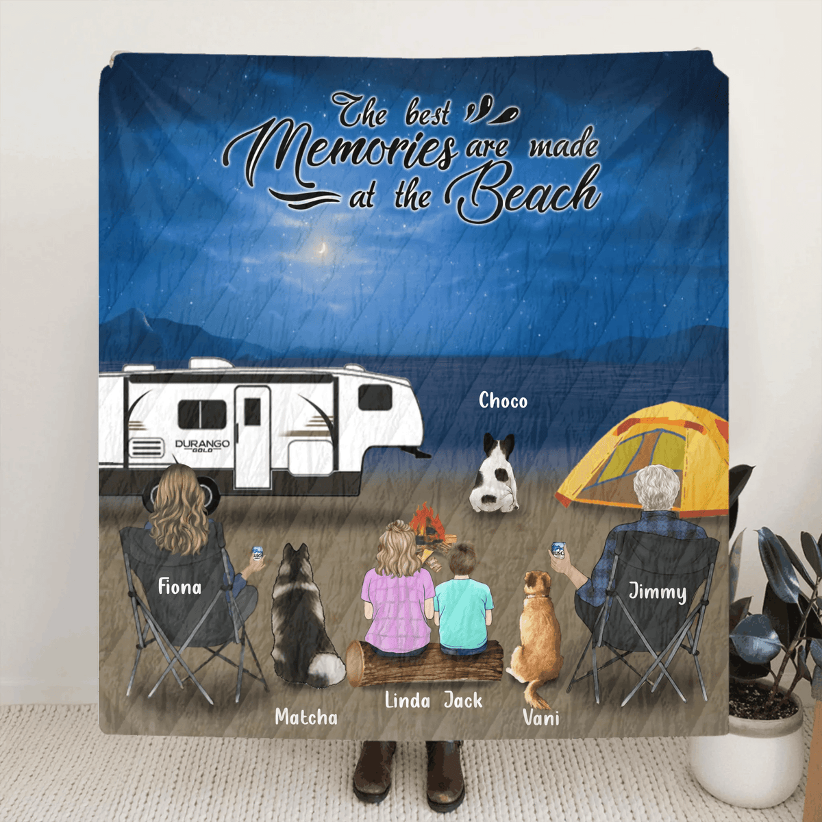Personalized Night Camping At Beach Fleece/Quilt Blanket - Whole Family Up to 2 Kids 3 Pets - R8SZGQ