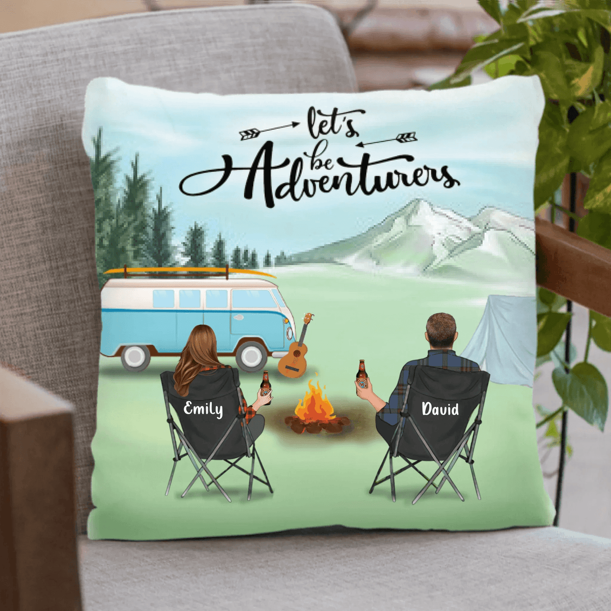 Personalized Camping Pillow Cover - Full Option: Parent With Up to 6 Kids And 6 Pets - Best Gift For Camping Lover - Let's Be Adventures