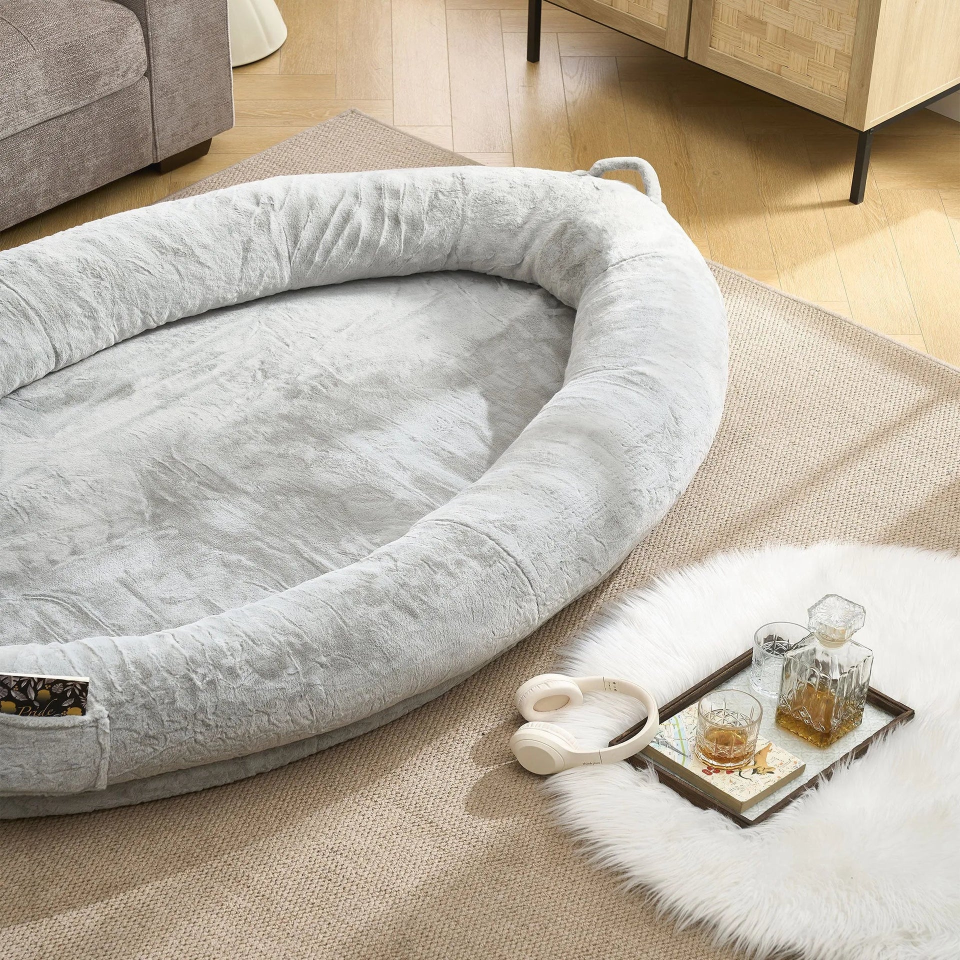 🇫🇷🇪🇪 🇸🇭🇮🇵🇵🇮🇳🇬 Human Dog Bed for Adult, Memory Foam Human Size Pet Bed for Human With Storage Pocket, Light Gray