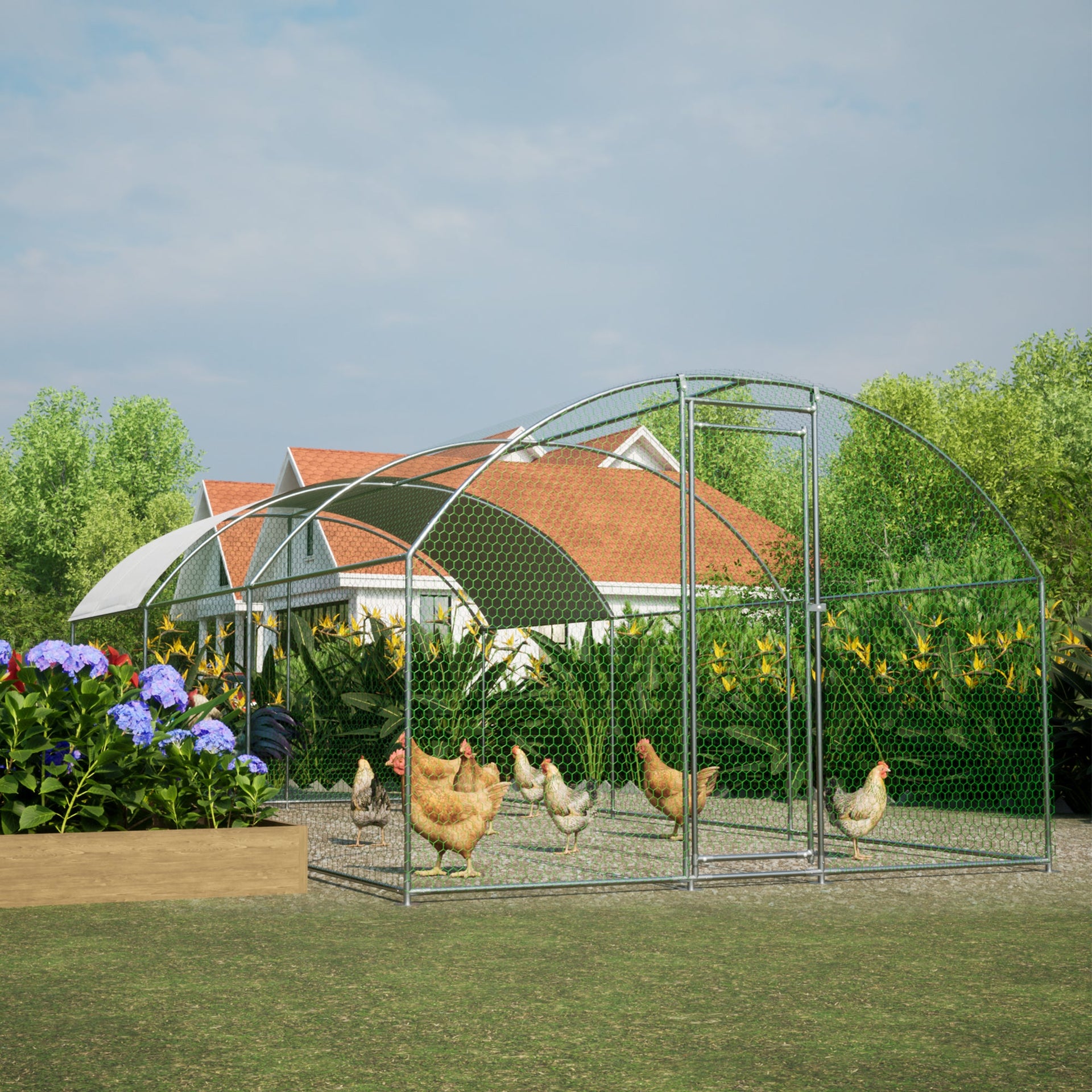 Large dome shaped walk-in fence cage metal chicken coop with waterproof and UV resistant cover, pipe diameter 1 inch