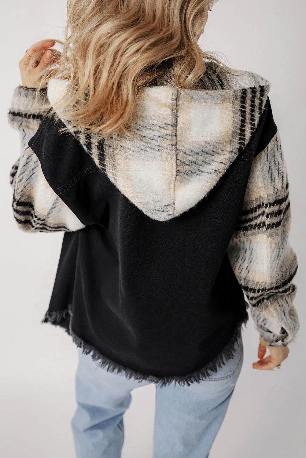 Drawstring Raw Hem Button Up Hooded Denim Jacket for Women