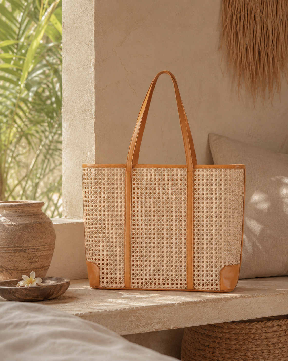Dian Leather and Rattan Tote Bag