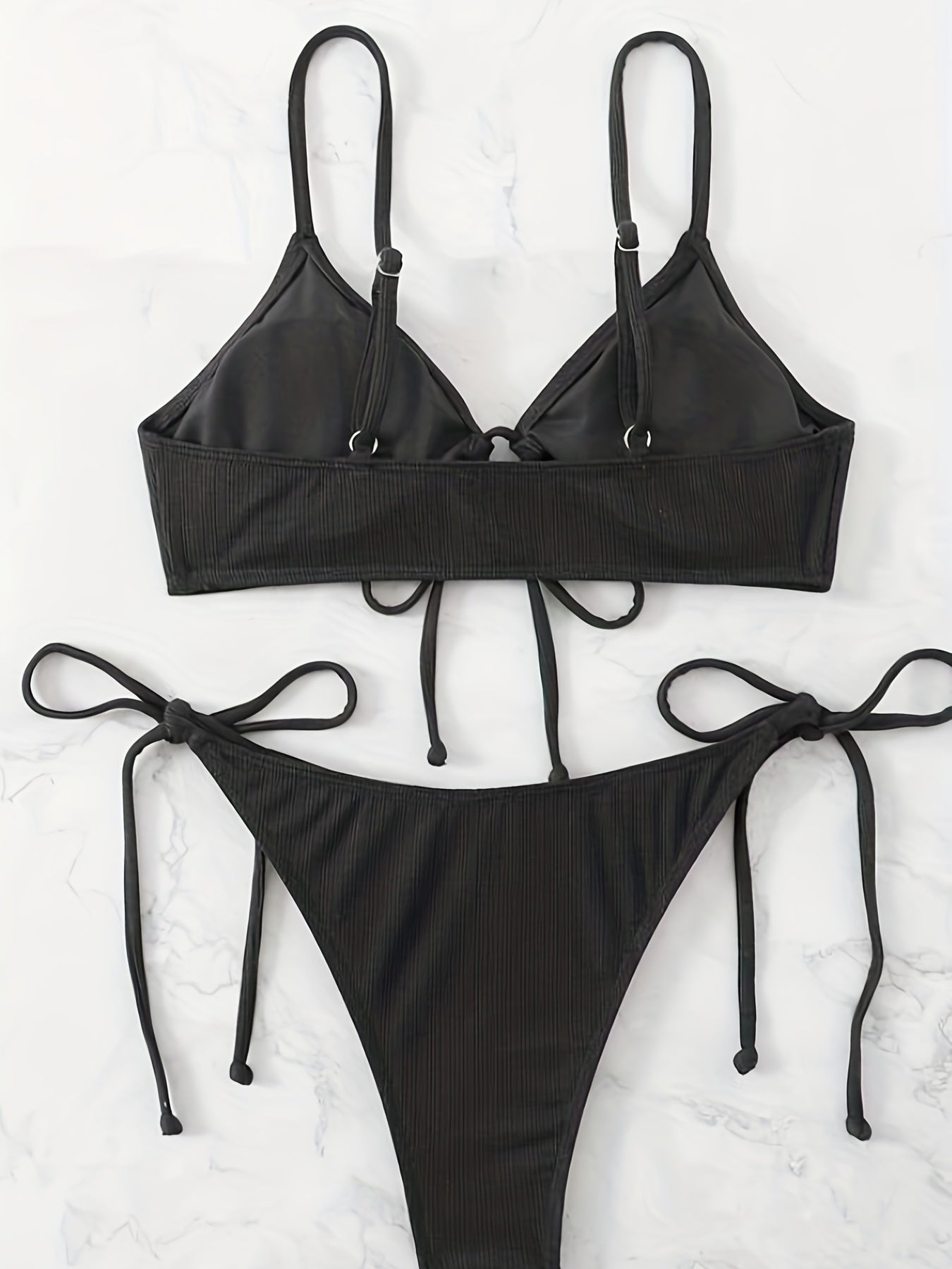 Bikini Solid Rib Knit 2 Piece Swimsuit – Ring Link Tie Front Triangle Bikini Set for Women – Hollow Out High Stretch V-Neck Top with Tie Side Bottoms – Trendy Beach & Pool Swimwear for Summer