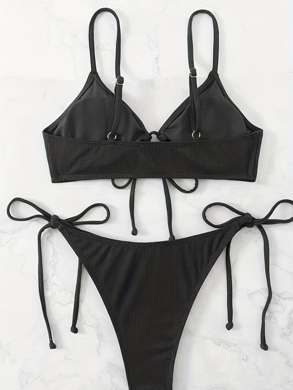 Bikini Solid Rib Knit 2 Piece Swimsuit – Ring Link Tie Front Triangle Bikini Set for Women – Hollow Out High Stretch V-Neck Top with Tie Side Bottoms – Trendy Beach & Pool Swimwear for Summer