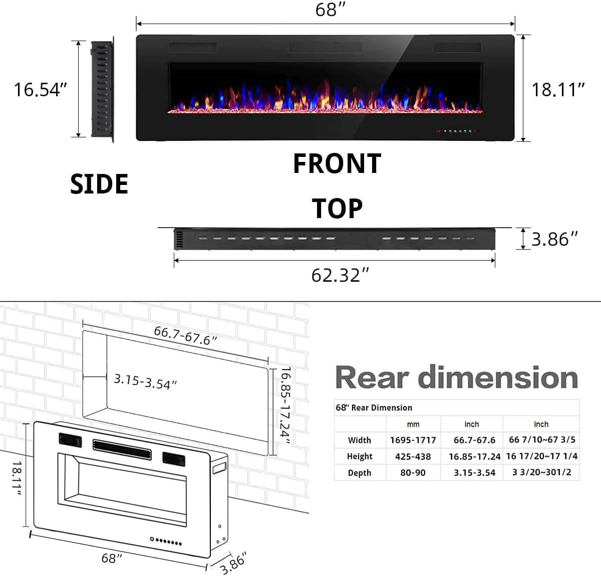 Electric Fireplace Recessed and Wall Mounted,830C3,836C3,842C3,850C3,860C3,868C3 Kismile