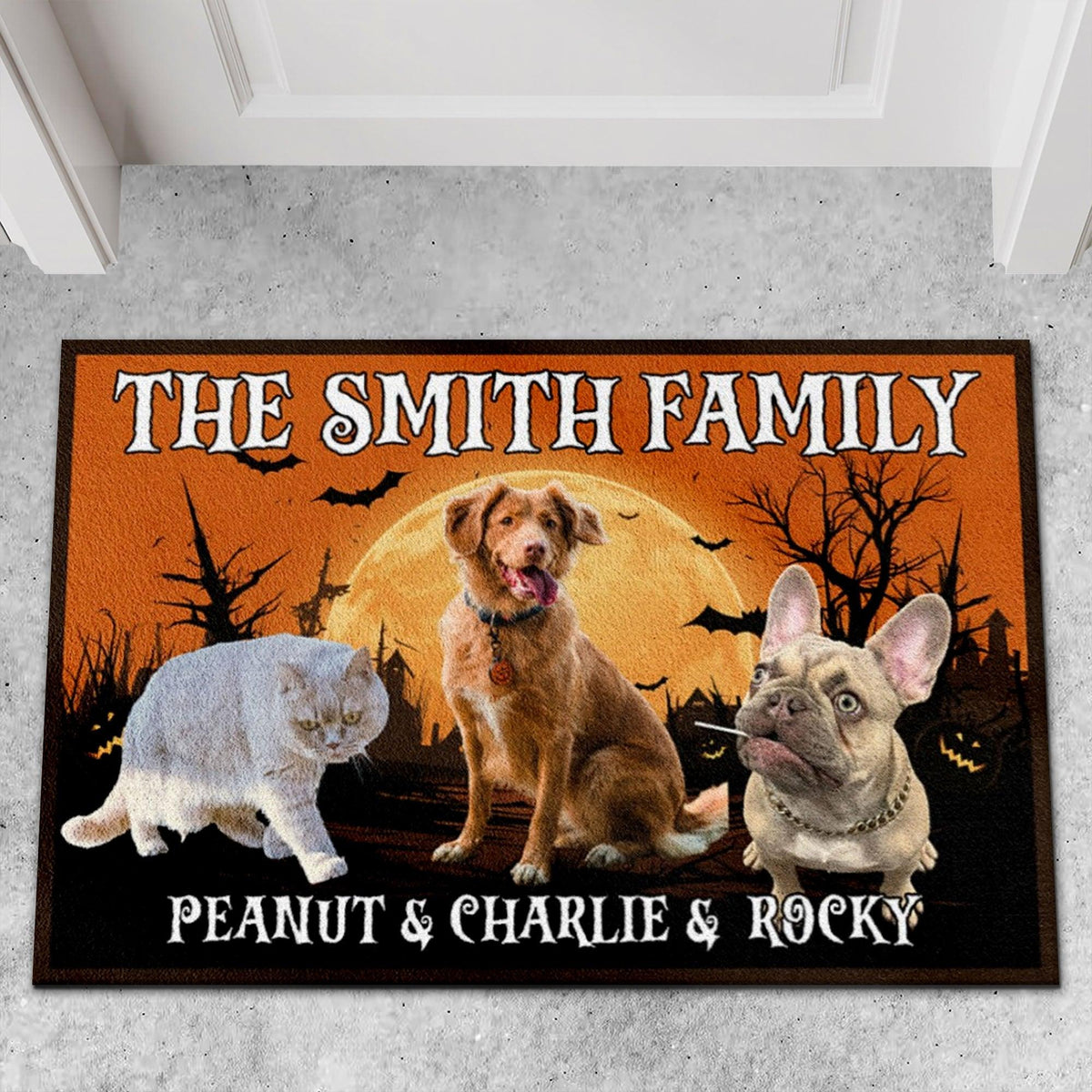 Custom Pets Photo Halloween Doormat, Live Preview Upload Photo Doormat, Personalized Photo Dog Cat Halloween Doormat - C1333