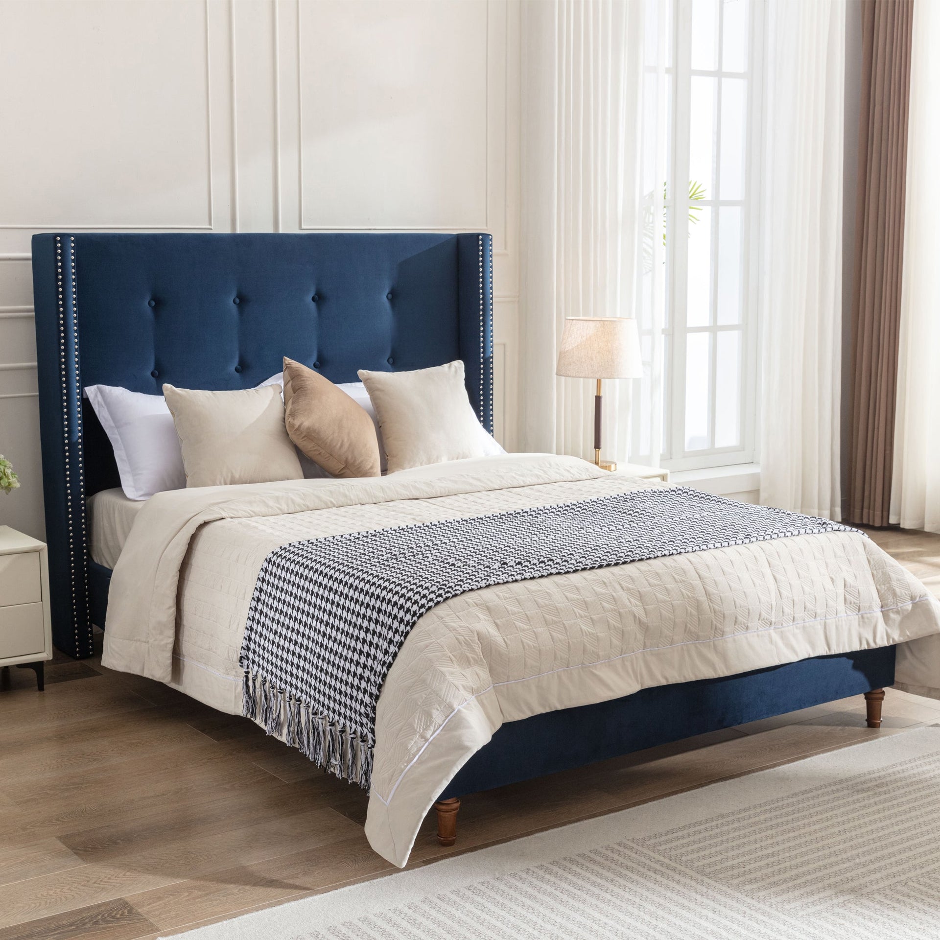 Peyton Upholstered Queen Bed with 54' High Headboard and Traditional Buttoned Tufting in Blue Velvet BLAKHOM