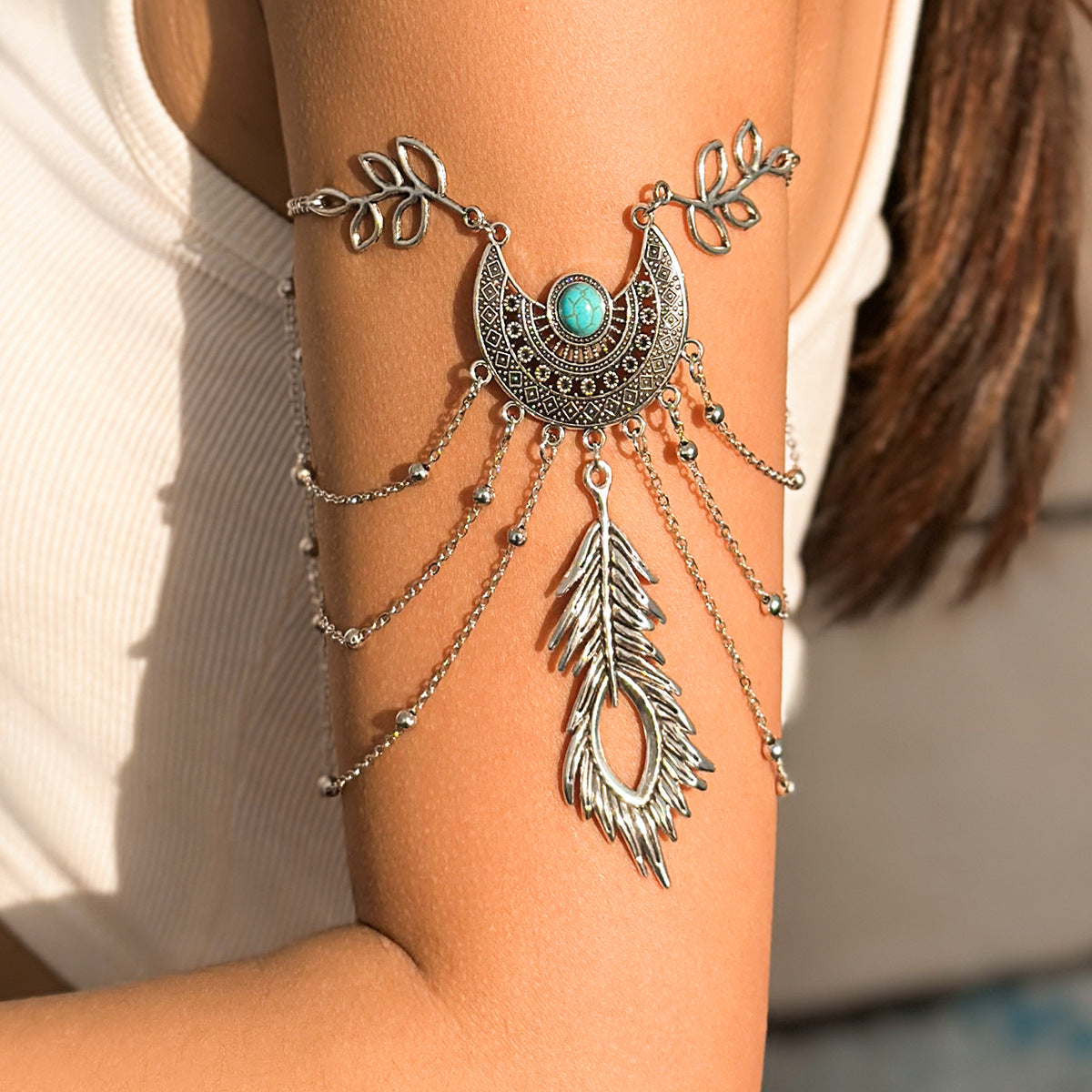Bohemian metal chain jewelry arm chain punk retro dream catcher net leaf tassel open arm bracelet