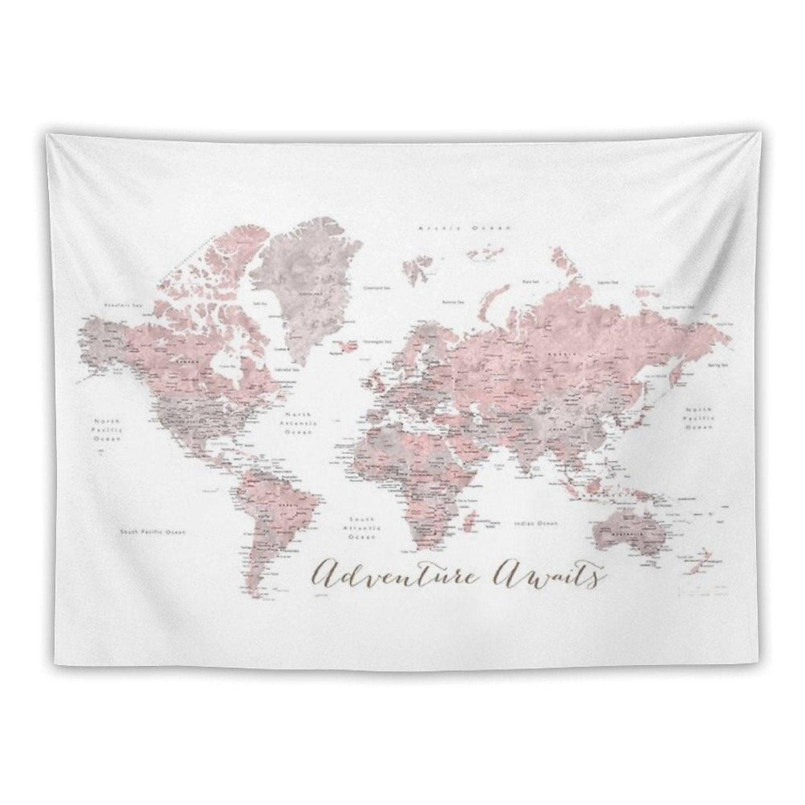 World Map Adventure Awaits in Dusty Pink And Grey Tapestry