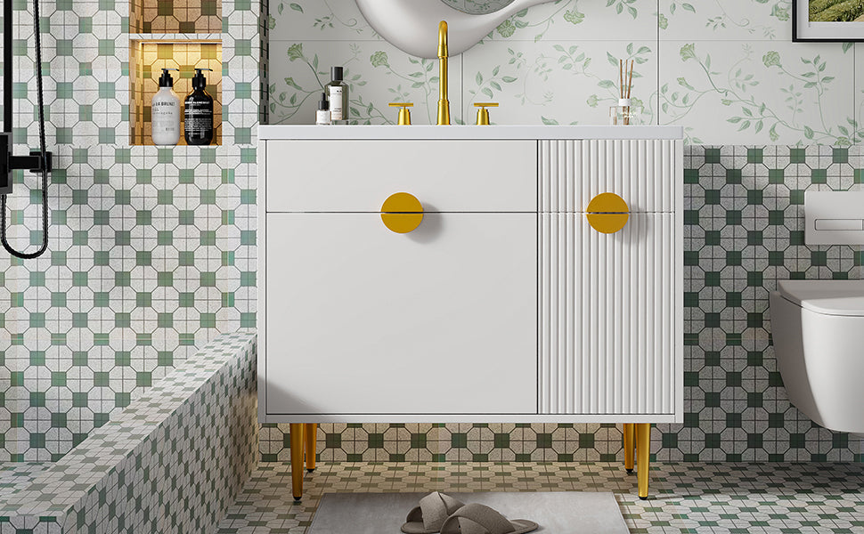 36' Bathroom Vanity with Resin Basin Sink, Modern Bathroom Sink Cabinet, Storage Cabinet with Soft-Closing Door and Drop-Down Door