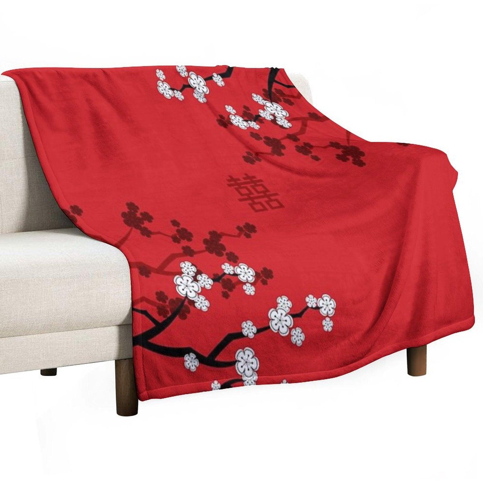 White Oriental Cherry Blossoms on Red And Chinese Wedding Double Happiness  Japanese Sakura © Fatfatin Throw Blanket