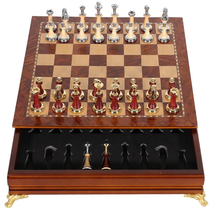 Luxury metal+solid wood tabletop for easy storage Chess set