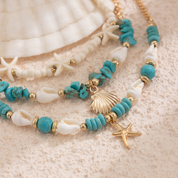 Vacation beach style turquoise set with special dense chain, simple starfish multi-layer rice bead ankle chain