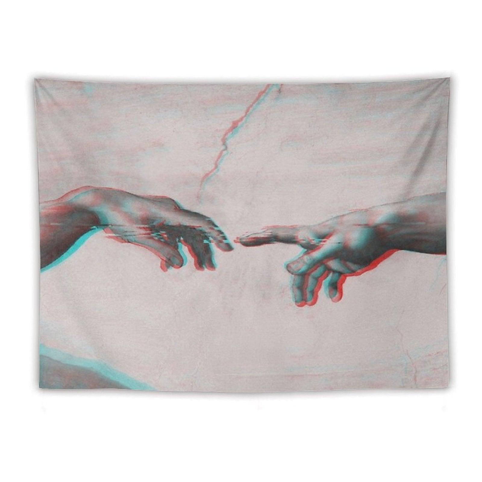 The Creation of Adam in GLITCH - Wall Tapestries Sistine Chapel Near-touching Hands of God And Adam Red Colorized Tapestry