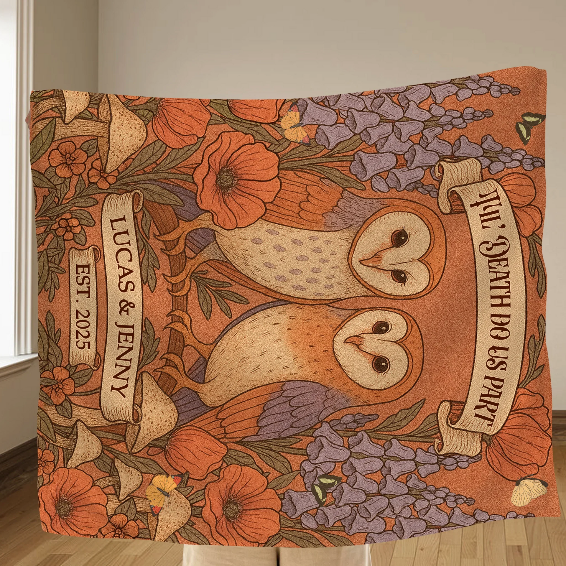 Personalized Owl Couple Cottage Quilt/Fleece Throw Blanket - Gift Idea For Couple - Til' Death Do Us Part