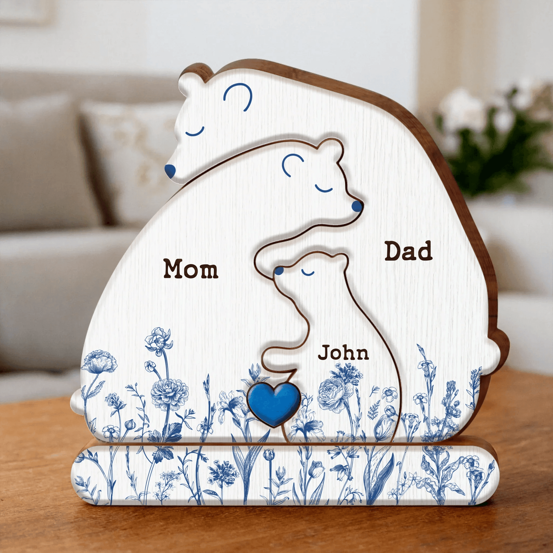 Personalized Hugging Bear Family Toile De Jouy Wooden Puzzle - Parents With Up to 3 Children - Gift Idea For Family