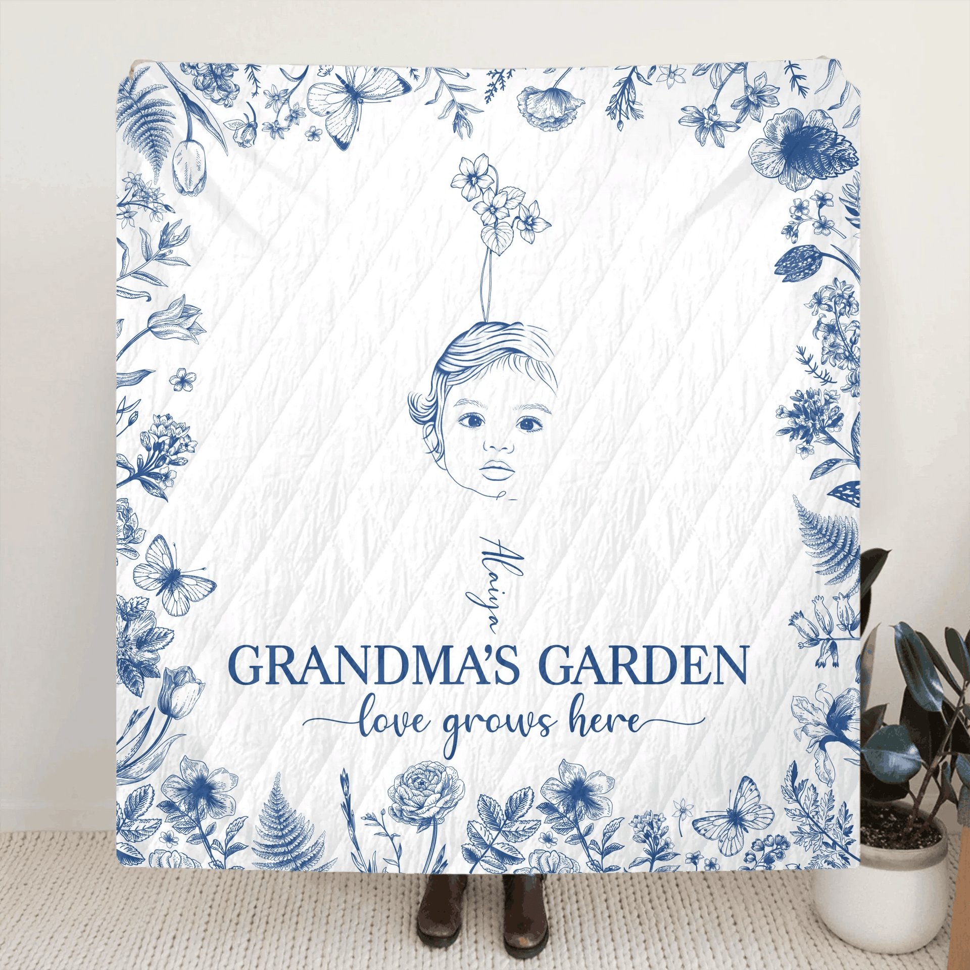Personalized Grandma's Garden Quilt/Fleece Throw Blanket/Pillow Cover - Custom Side Profile Birthmonth Flower - Up to 6 Kids - Love Grows Here
