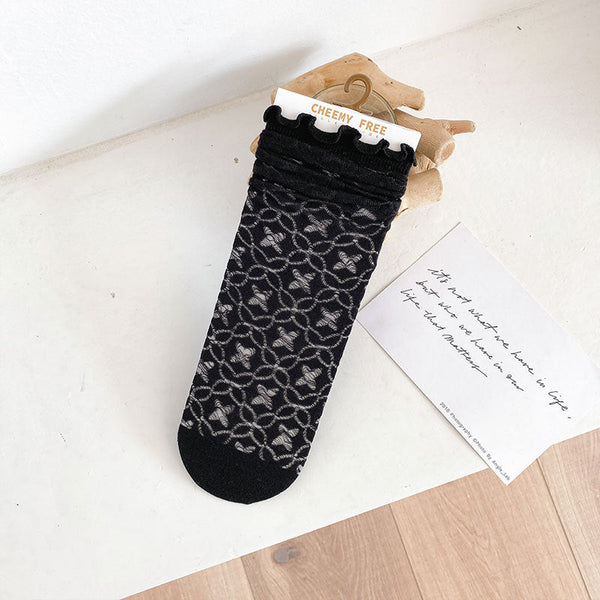 1 pair of socks for women summer thin black middle tube socks Japanese lace ballet style socks mesh breathable pile socks - Gifts for You 'n Me