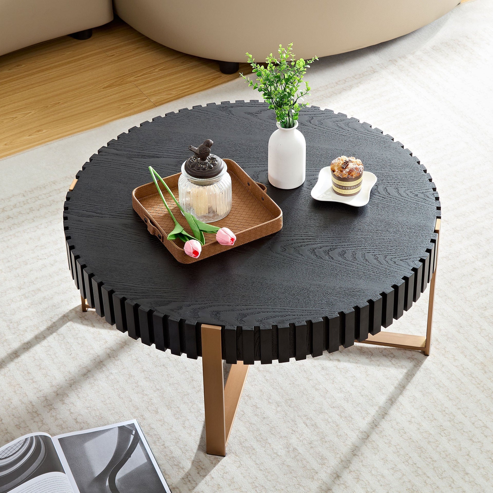 Modern Handcraft Drum Coffee Table 31.5 inch Round Coffee Table for Living Room,Small Coffee Table with Sturdy Pedestal,Black V.I.P Digital Presence