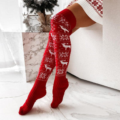 Christmas elk snowflake knitted woolen stockings for women long over knee pile socks stockings