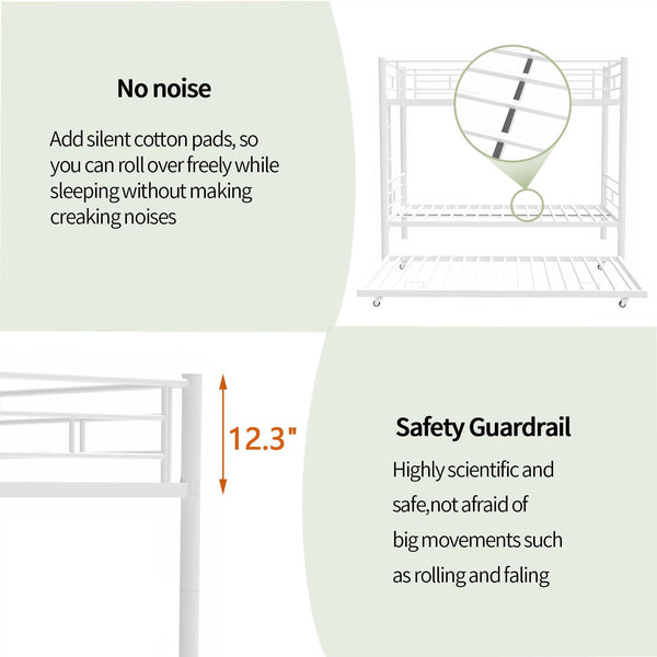 Heavy-duty Sturdy Meta Twin over Twin with Trundle Bunk Bed/l/ Noise Reduced/ Safety Guardrail/No Box Spring Needed,White