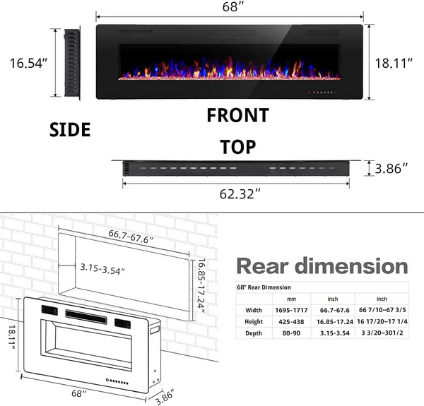 Electric Fireplace Recessed and Wall Mounted,830C3,836C3,842C3,850C3,860C3,868C3 Kismile