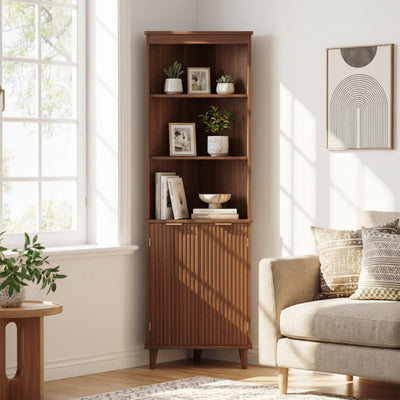 68 Inch Tall Corner Cabinet with Fluted Doors for Bathroom-Walnut