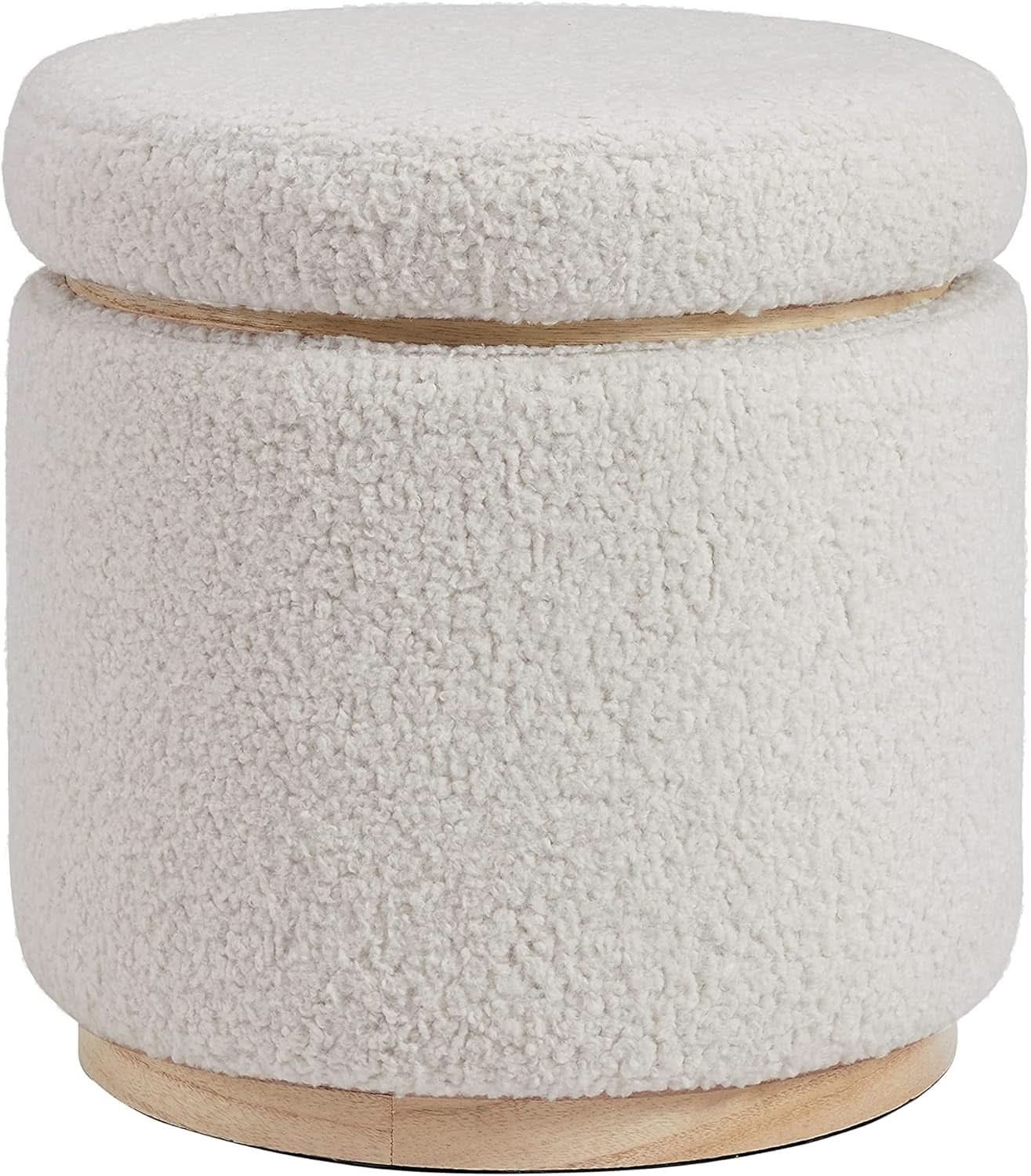 Cream Sherpa Deluxe Storage Ottoman Solidwood Base