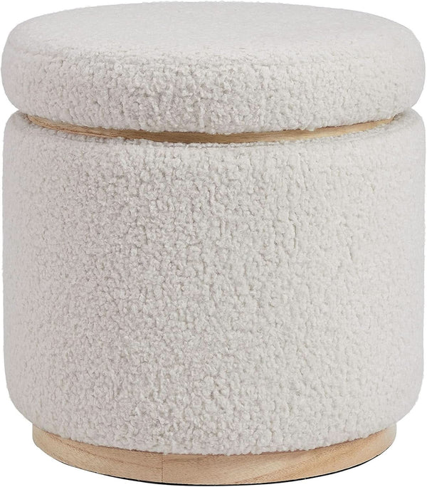 Cream Sherpa Deluxe Storage Ottoman Solidwood Base