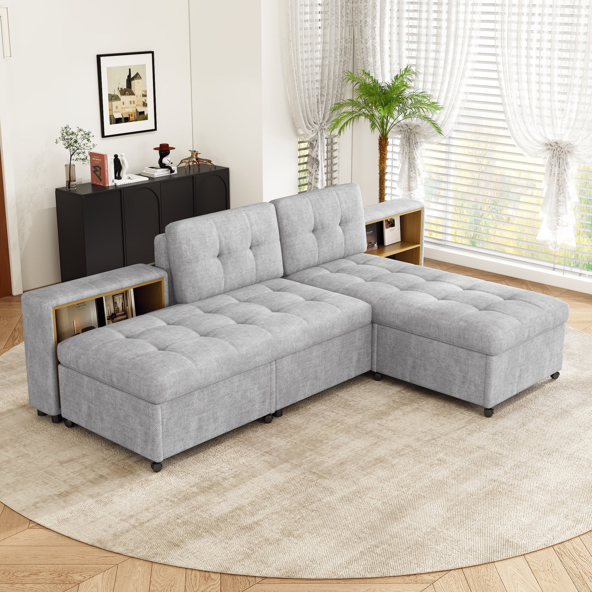 121.2' Versatile Sofa Bed Modular Sofa  Free-combined Sofa with Two Storage Racks,  Gray