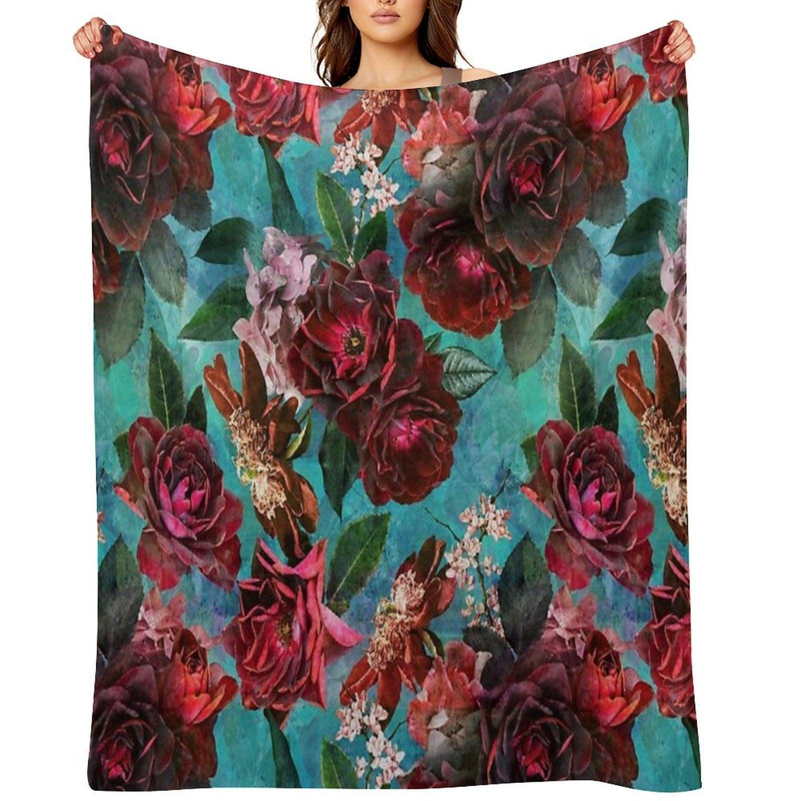 Turquoise Vintage Summer Roses Botanical Garden NightGarden Throw Blanket