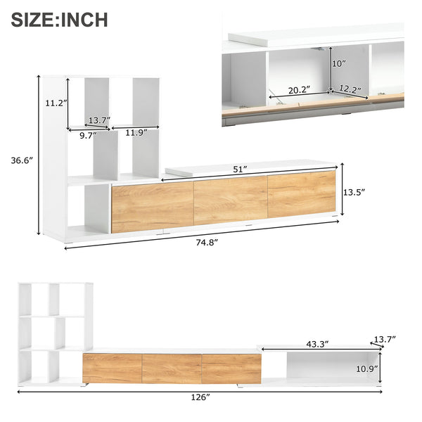 Detailed dimensions of Extendable TV Stand with 3 Tier Bookshelves, showing measurements for shelves and compartments in inches.