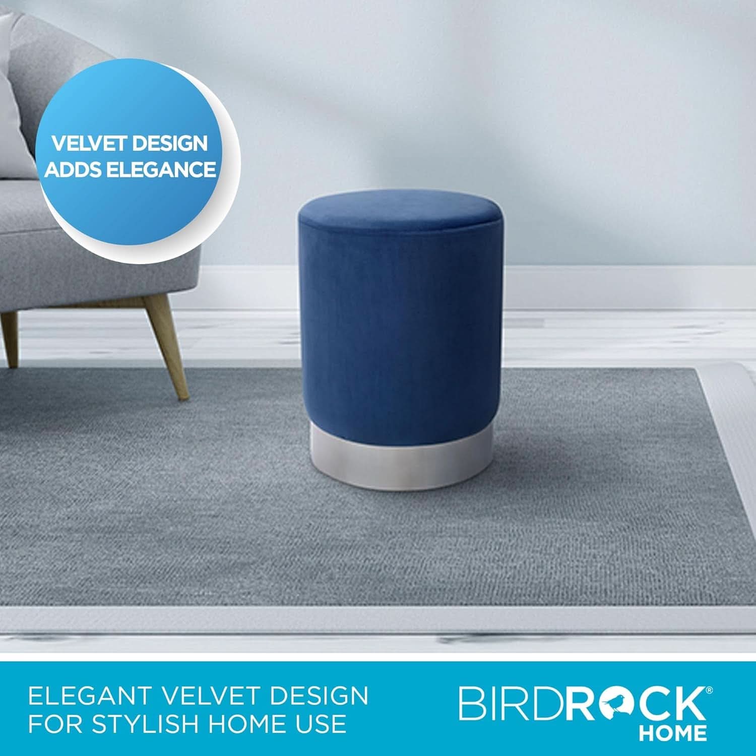 Sleek Round Ottoman Foot Stool Blue Memory Foam Padding