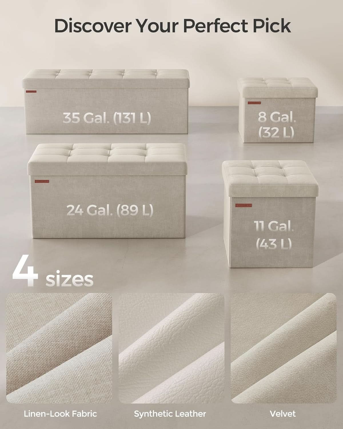 Cream White Foldable Storage Ottoman Bench 15x30x15