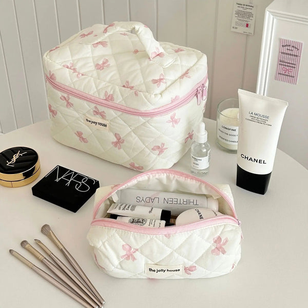 Cute Bow Flower Quilting Cotton Makeup Bag Women Zipper Cosmetic Organizer Female Cloth Handbag Portable Toiletry Case for Girls