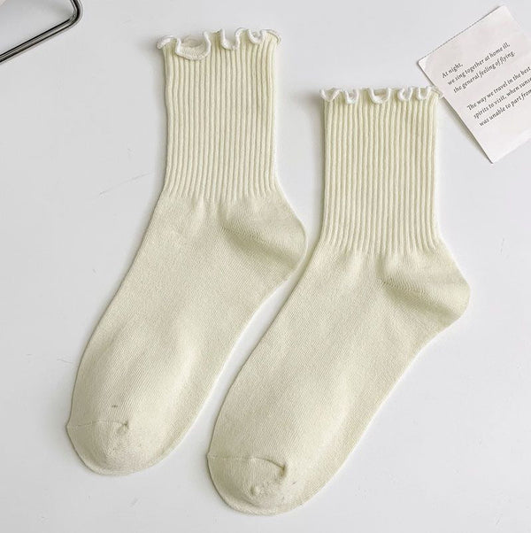 1 pair of ruffled JK socks for women mid-tube spring, autumn and summer solid color Japanese lace pile socks - Gifts for You 'n Me