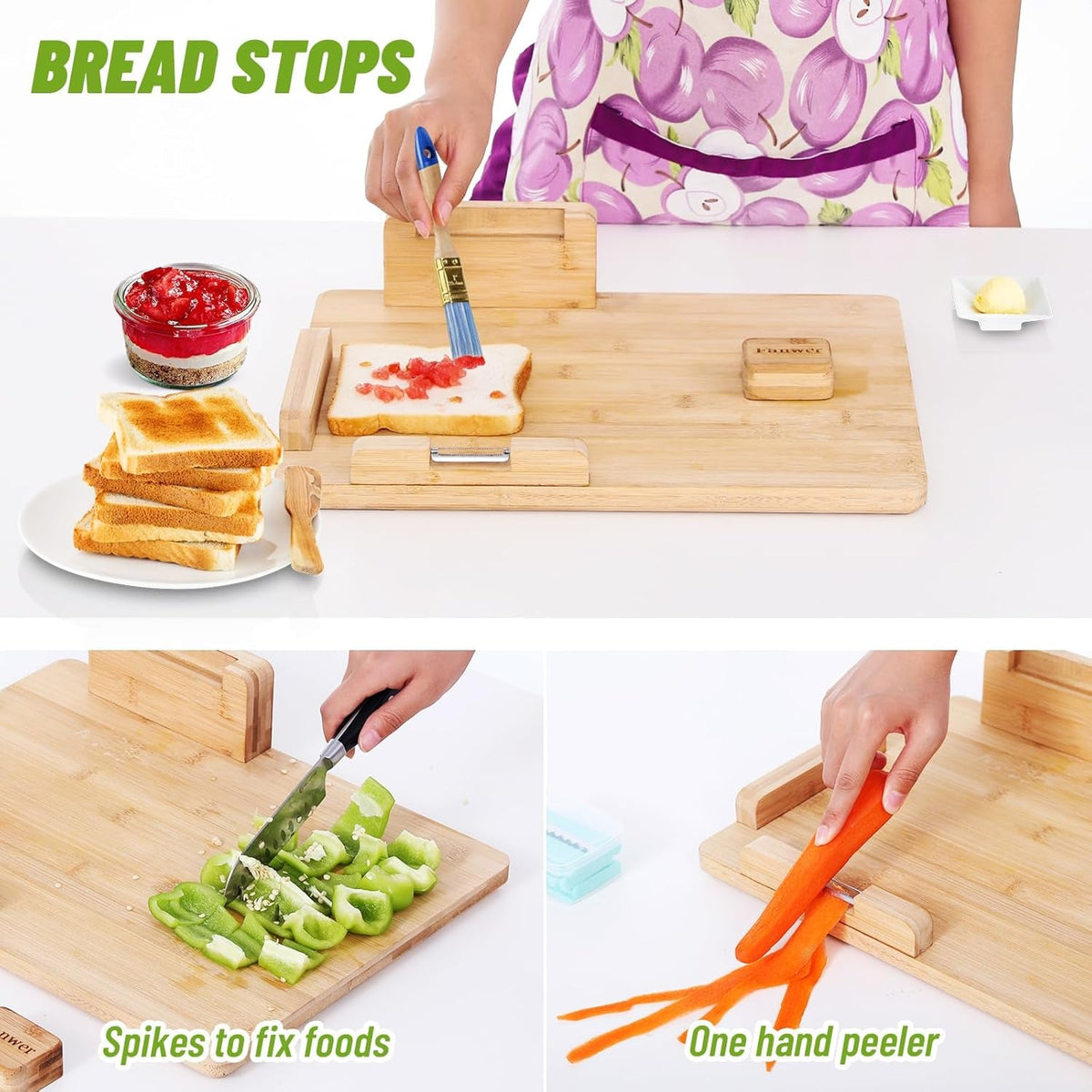 Adaptive One-Handed Cutting Board with Spikes & Bread Stops