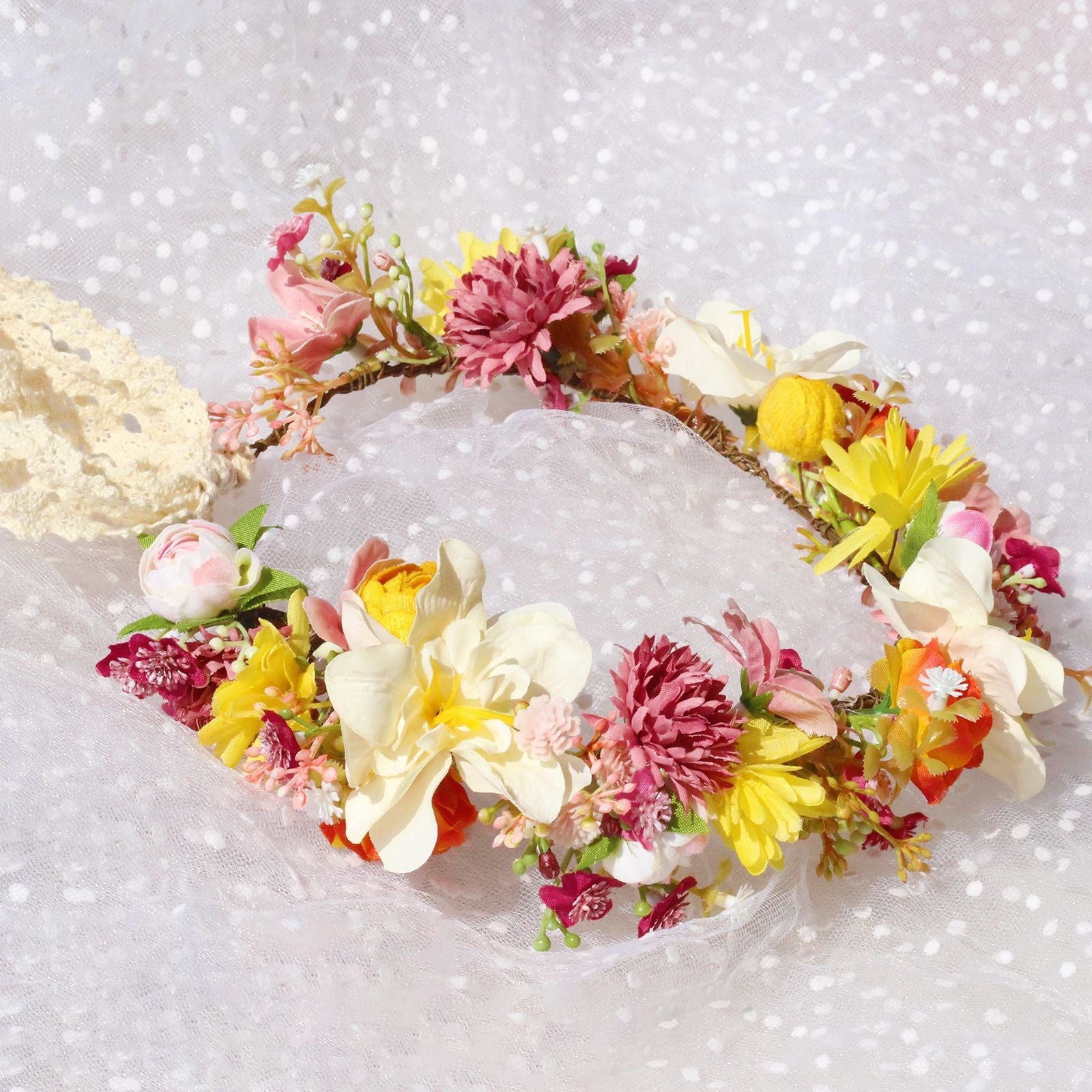 Autumn Flower Wreath Headwear Handmade Fabric Headflower Wedding Headband Bridal Ladies Scenic Photography Flower Wreath