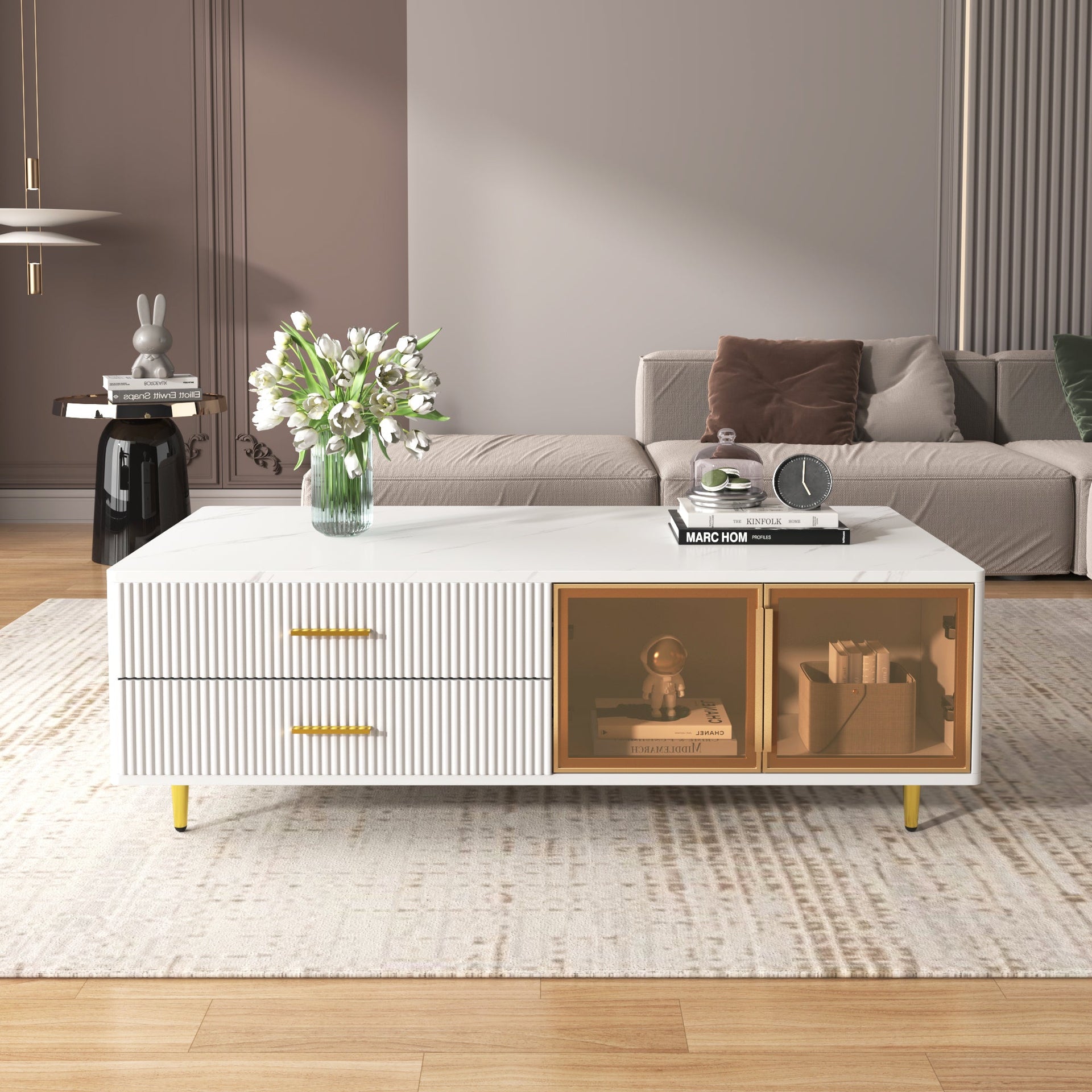Modern White Coffee Table with 2 Glass Door Storage, 4 Drawers, Gold Metal Legs, and Multi-Color Lighting in 47.2'
