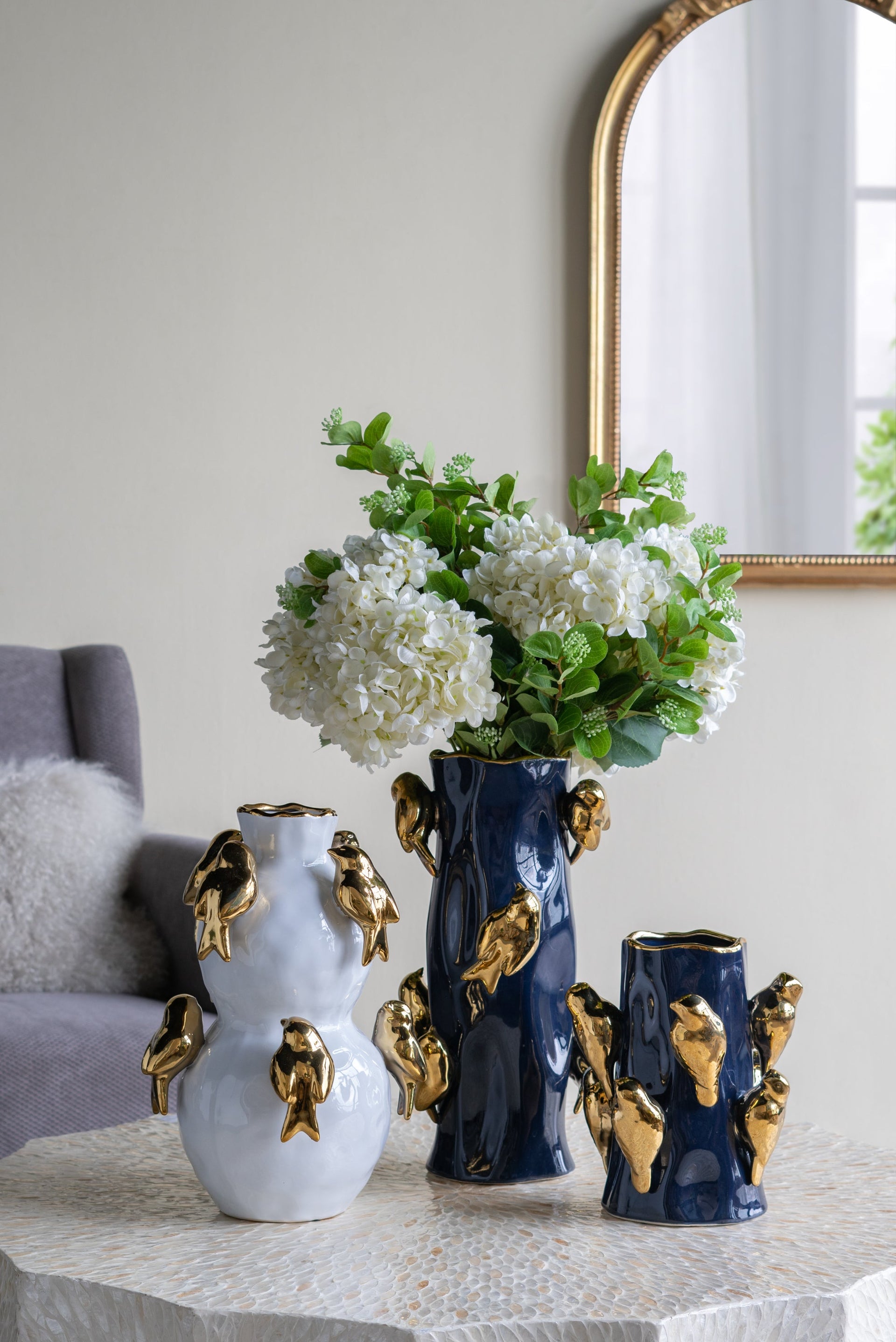 White Ceramic Vase with Gold Bird Accents