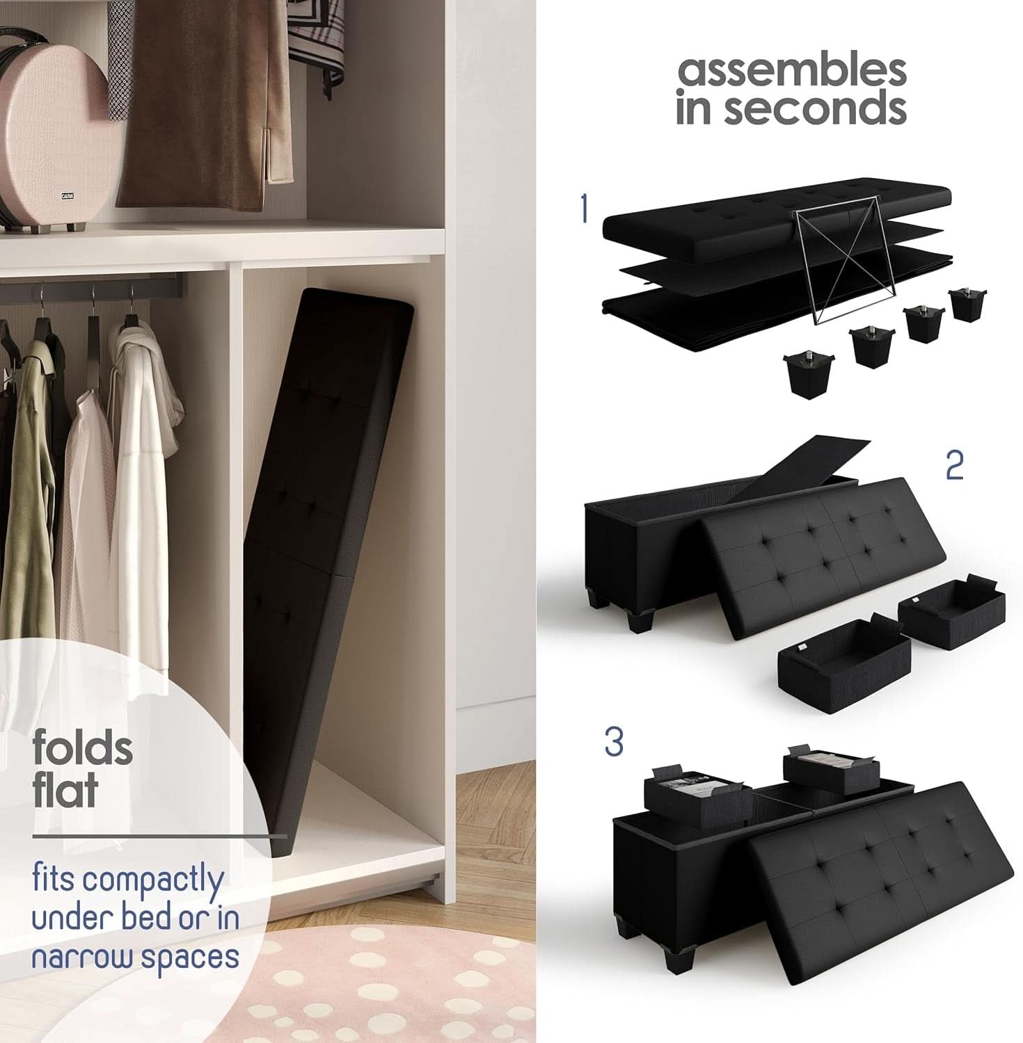 Black Forty ThreeInch Premium Multifunctional Storage Ottoman Bench