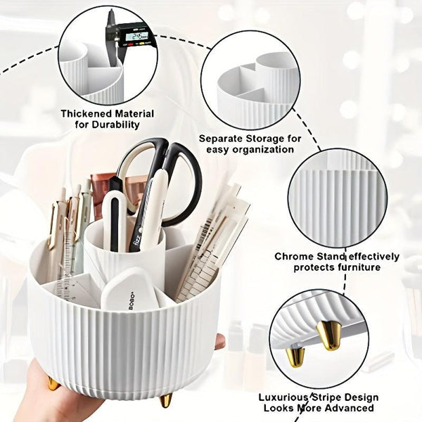 360° Rotating Makeup Organizer - 1pc Plastic Cosmetic Storage with 5 Compartments - Multi-Functional Holder for Brushes, Lipsticks, Skin Care Products, and Stationery - Durable Unscented Desk Caddy with Luxury Stripe Design DSers Fulfillment