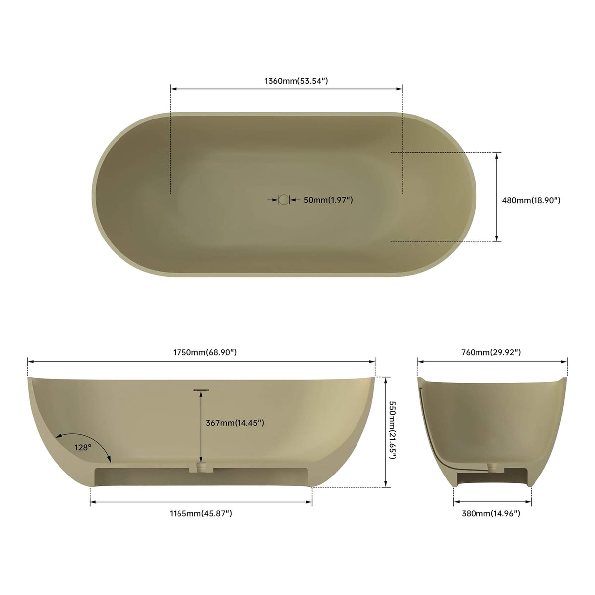 [69X30-Inch] Freestanding Oval Stone Resin Soaking Tub With Overflow Drain (SAK35786)