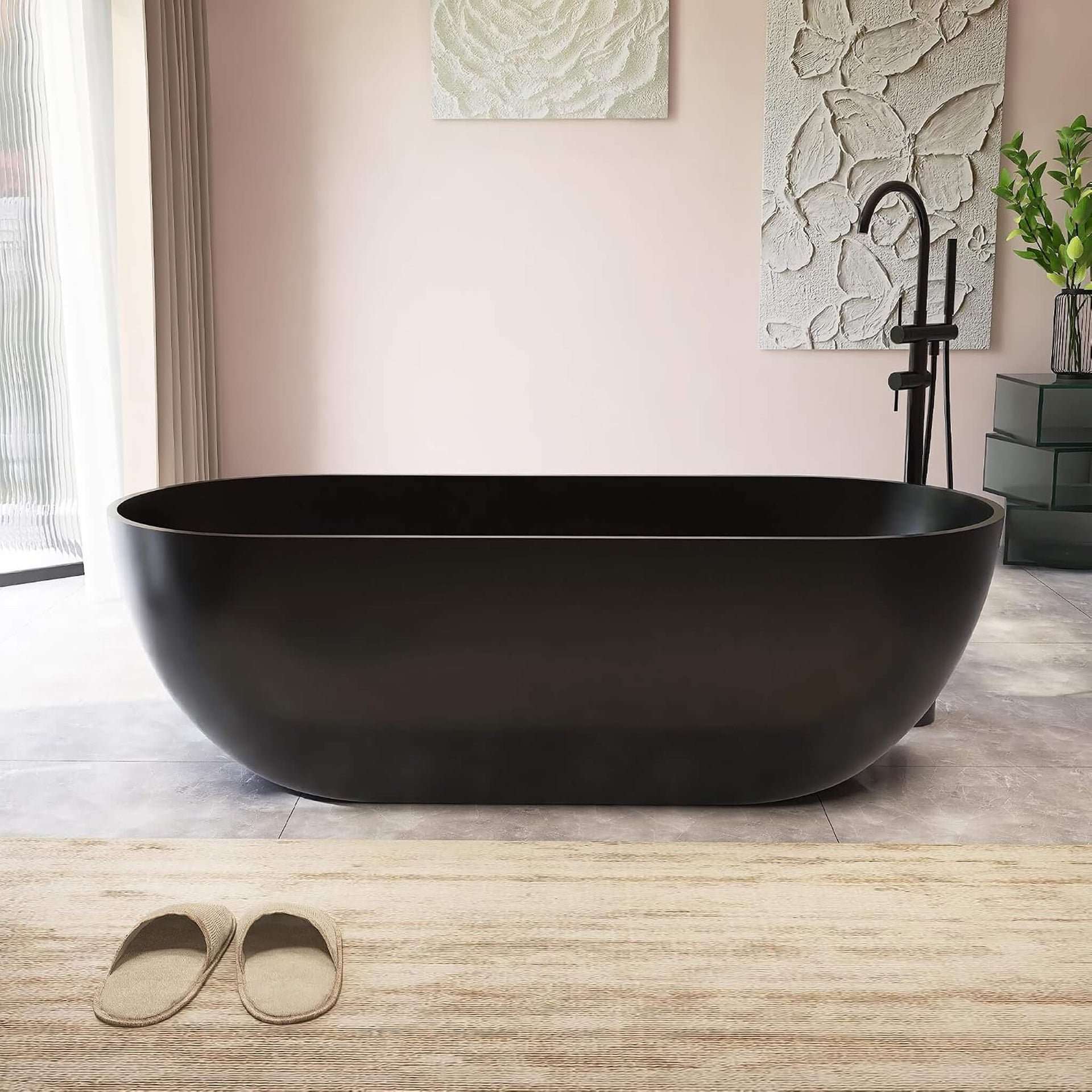 [69X30-Inch] Freestanding Oval Stone Resin Soaking Tub With Overflow Drain (SAK35786)
