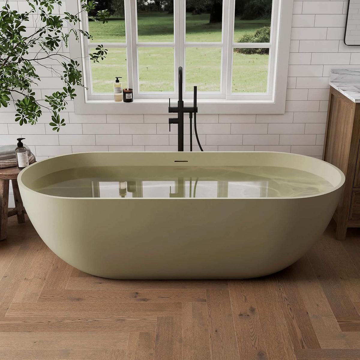 [69X30-Inch] Freestanding Oval Stone Resin Soaking Tub With Overflow Drain (SAK35786)