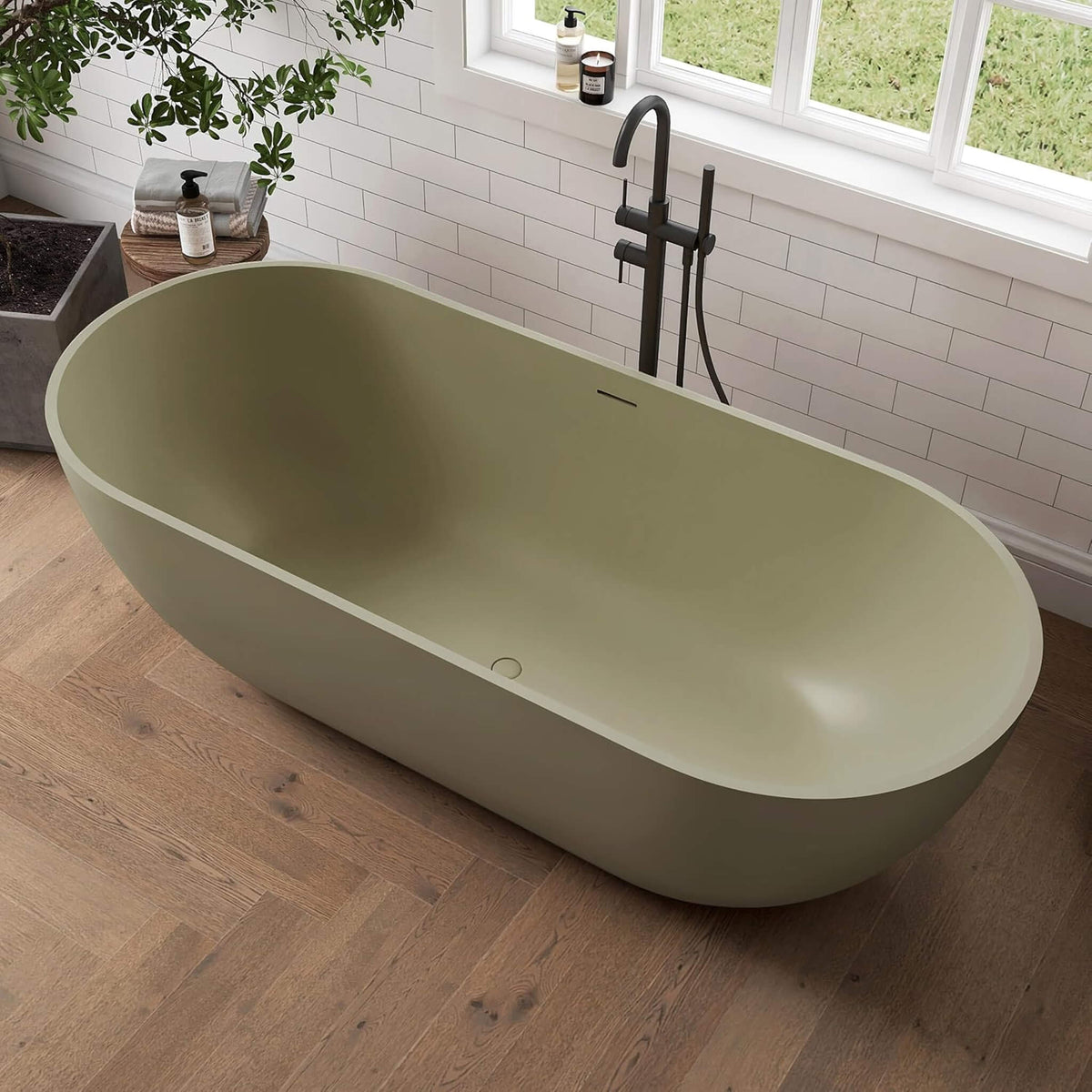 [69X30-Inch] Freestanding Oval Stone Resin Soaking Tub With Overflow Drain (SAK35786)