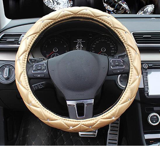 Leather Steering Wheel Covers Crystal Studded Rhinestone Car Steering-Wheel Cover Cases Pink Car Interior Accessories For Girls