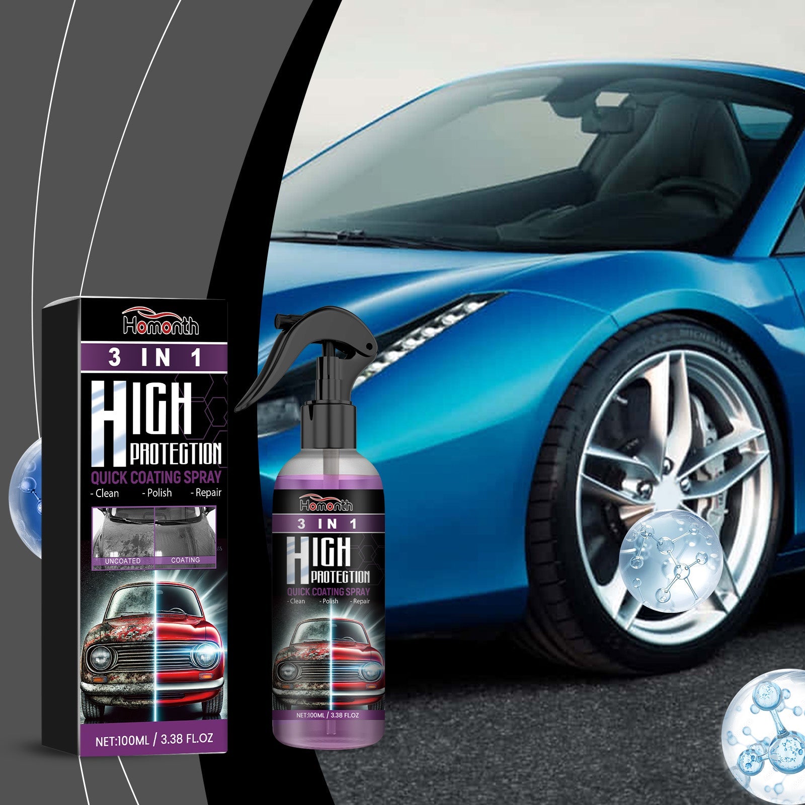 HOMONTH 3 In 1 High Protection Quick Coating Spray, Long Lasting Oil Waterproof Antifouling Cleaning Maintenance